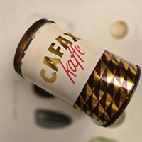 brun-beige-rund-metal-dåse-tekst-guld-rød-Cafax-kaffe-gammel-kaffedåse